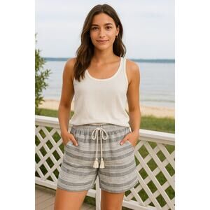 J. Jill Women’s Striped Love Linen Drawstring Shorts Gray White Pockets Size S